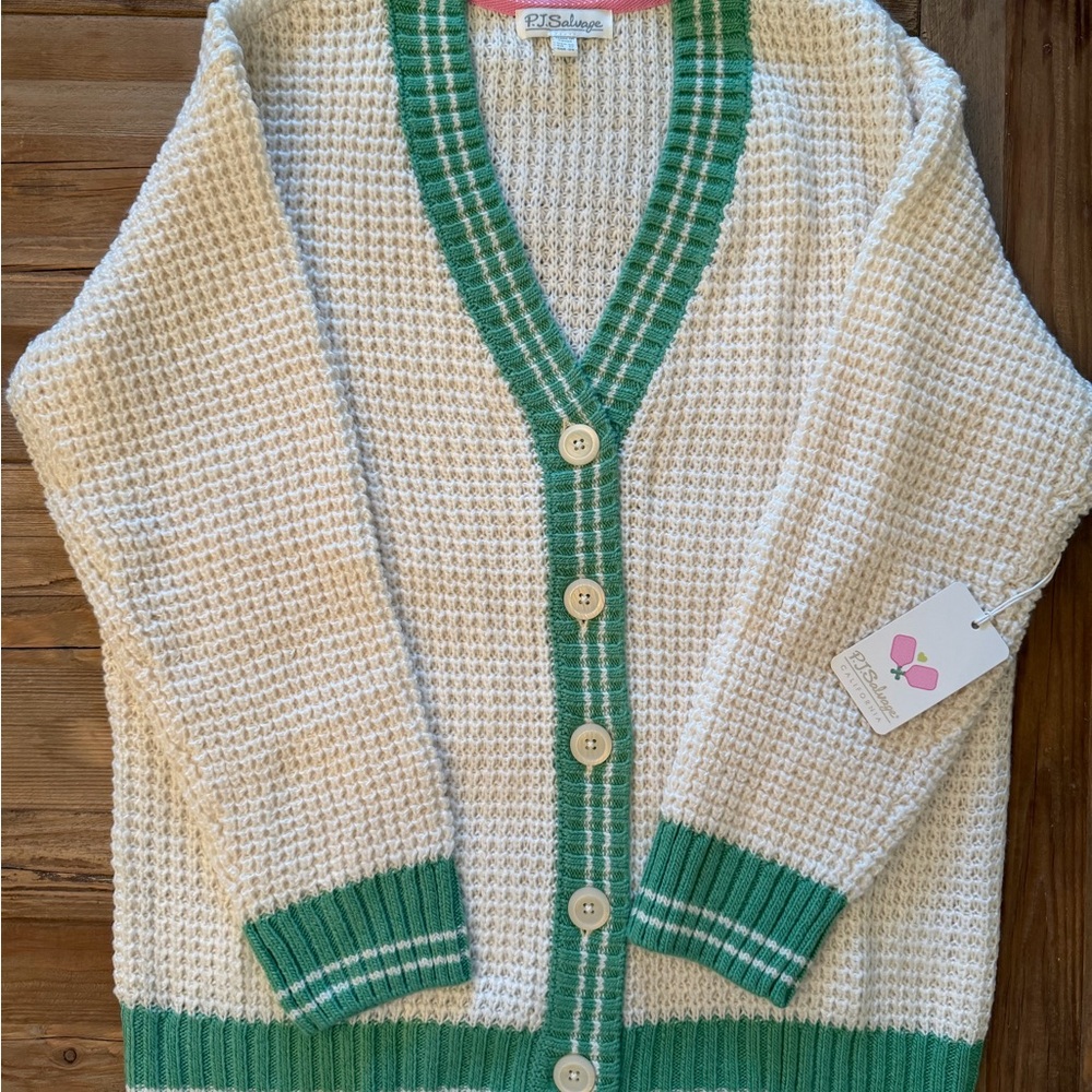 P.J. Salvage Cream Knit Cardigan with Green Trim - Women's Sweater BNWT Sz. XS